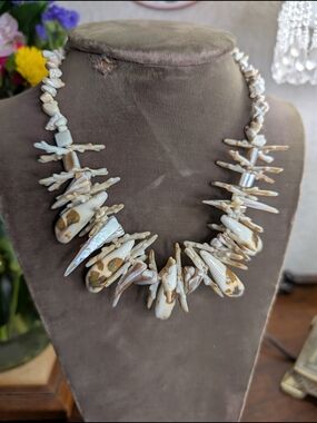 Cream White And Brown Shell And Coral Statement Bib 16" Necklace With Extension
